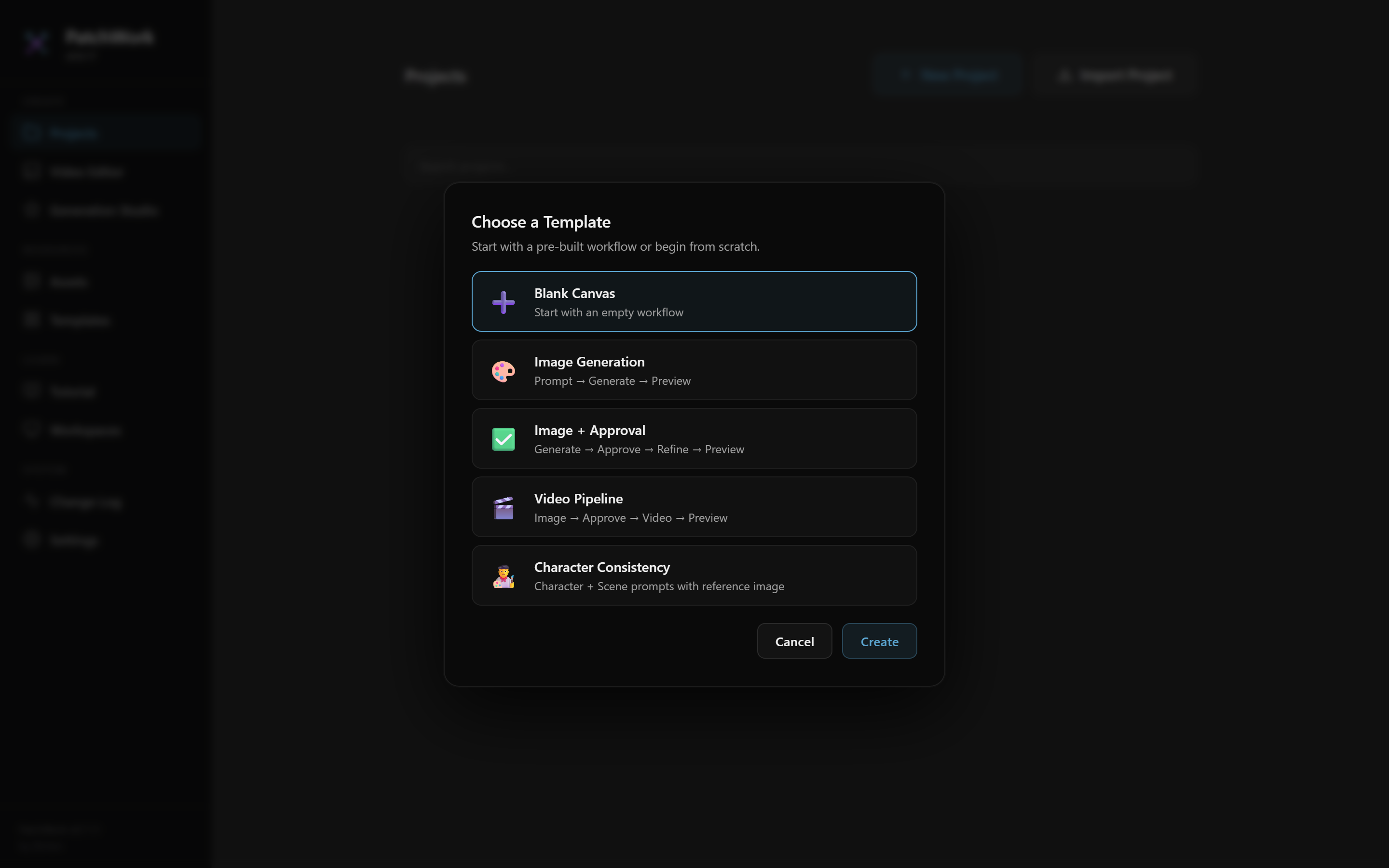 PatchWork's template chooser dialog showing Blank Canvas, Image Generation, Image + Approval, Video Pipeline, Character Consistency