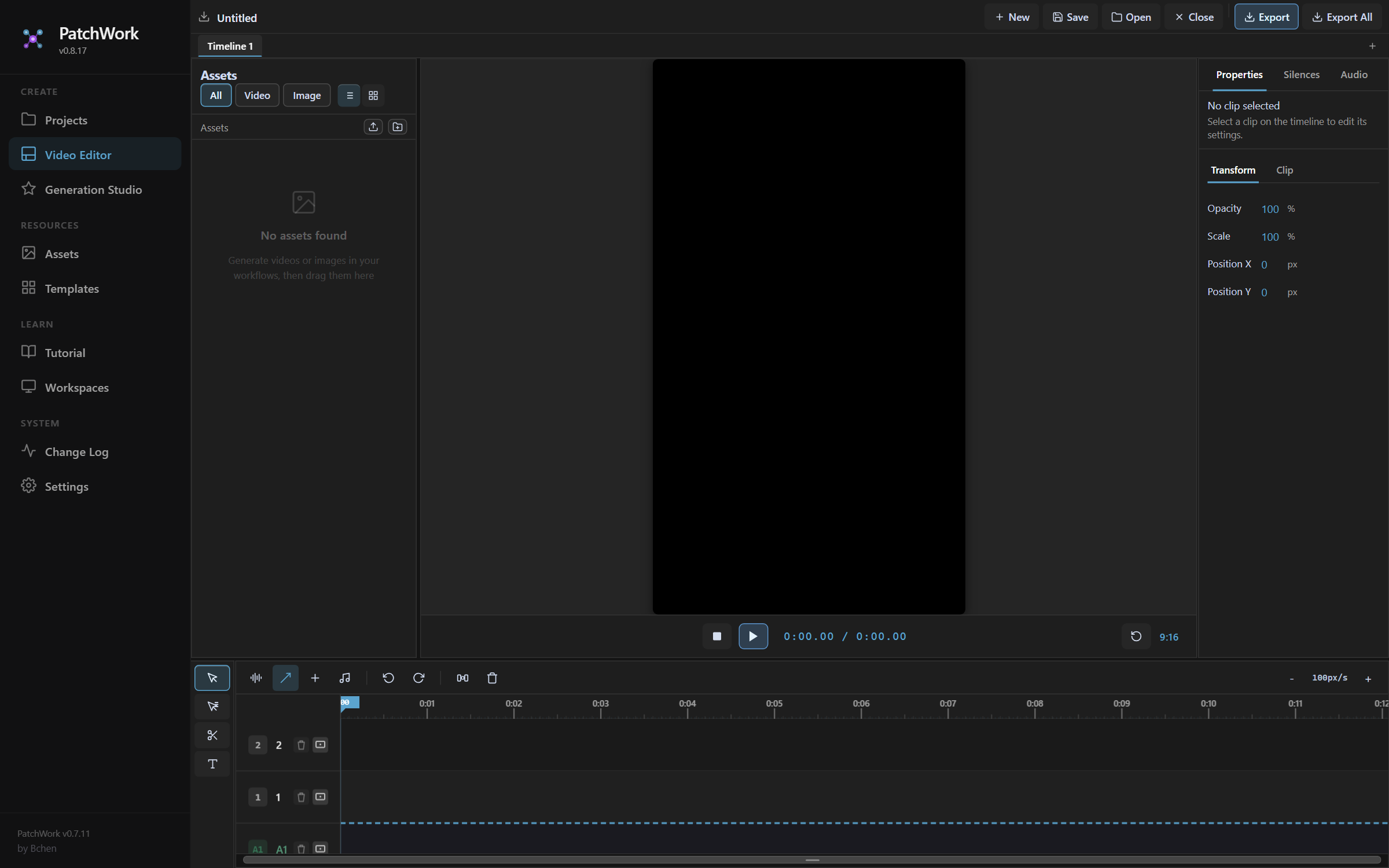 PatchWork Video Editor — empty project overview