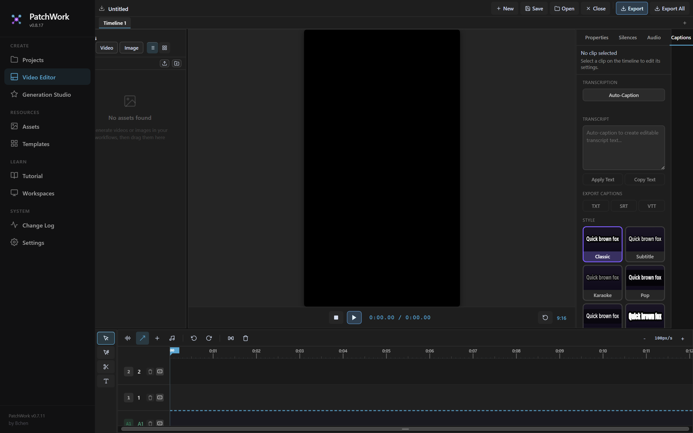 Captions tab — Auto-Caption, Transcript, Export, Style picker