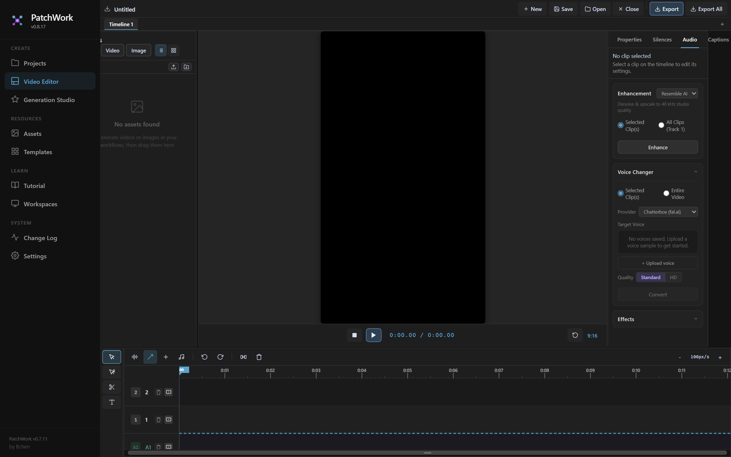 Audio tab — Enhancement + Voice Changer panels